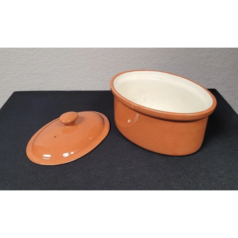 Guernsey Cooking Ware Stoneware Bean Pot Casserole Dish w/ Metal Carrier 1940s